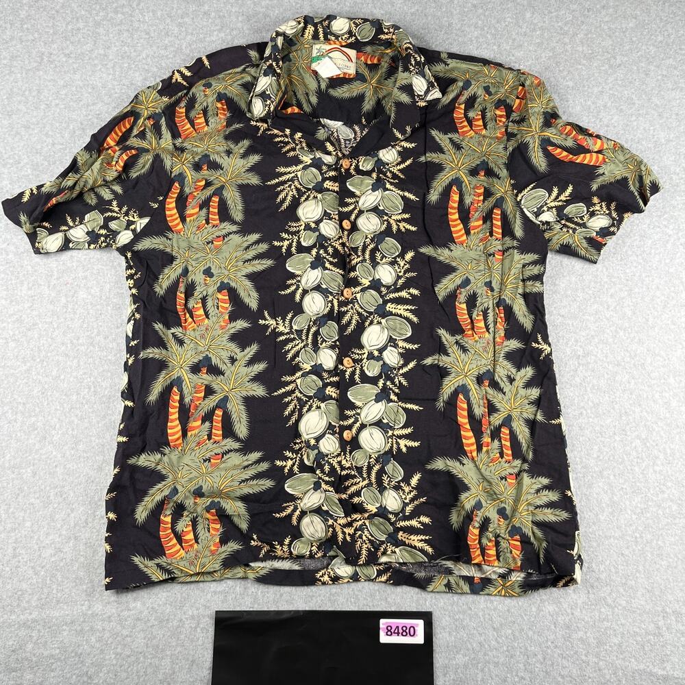 Paradise Found Shirt Large Black Tropical USA Made Button Up Short Sleeve Mens